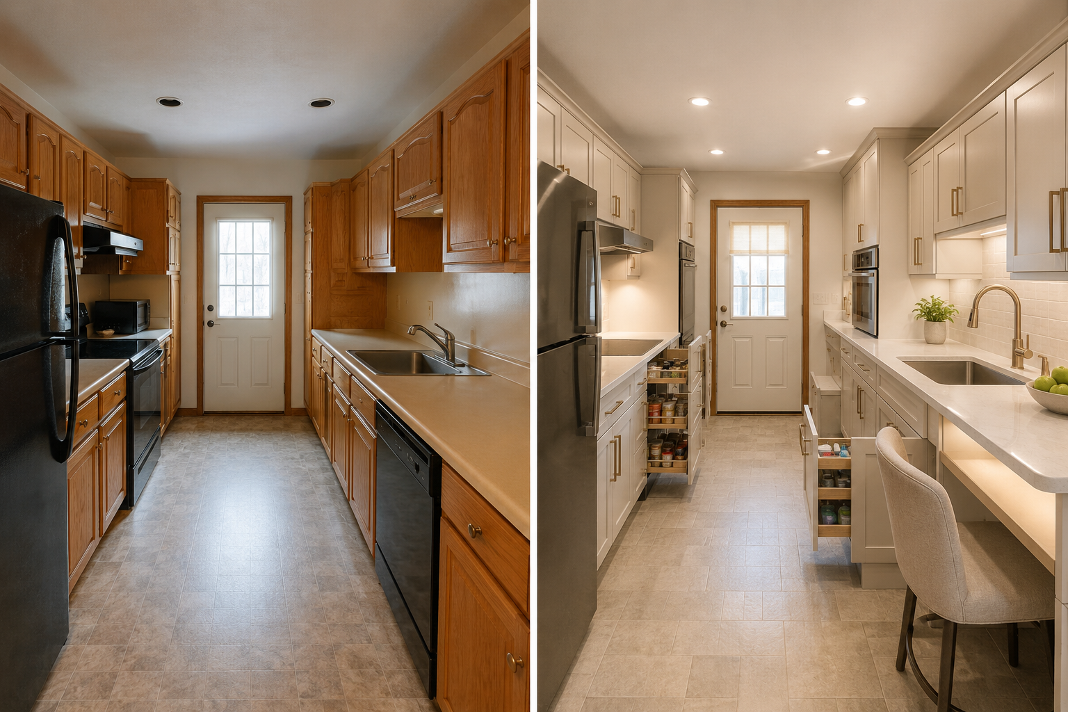Believable before and after Age in Place kitchen renovation with accessible storage and seated preparation space